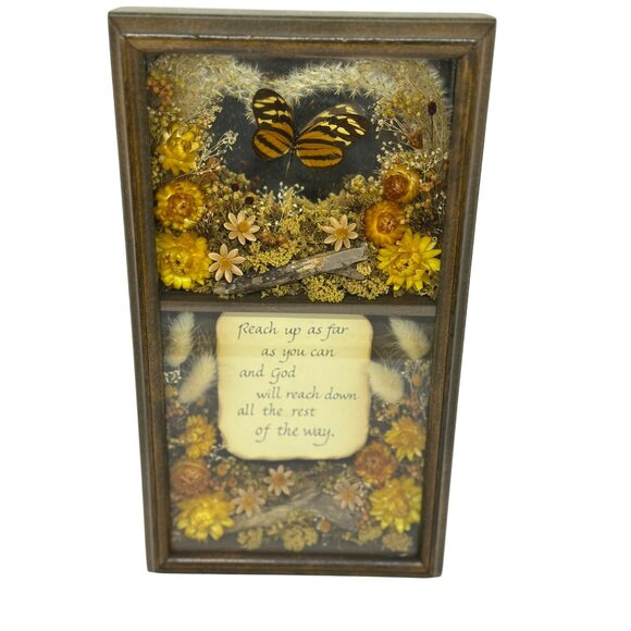 VTG Pressed Dried Flowers Butterfly Shadow Box Rustic Floral Wall Art with Quote - Picture 2 of 8
